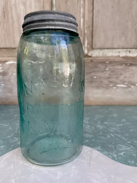 Antique MASON’S PATENT NOV 30 TH 1858 Fruit Jar QT Aqua Zinc Lid