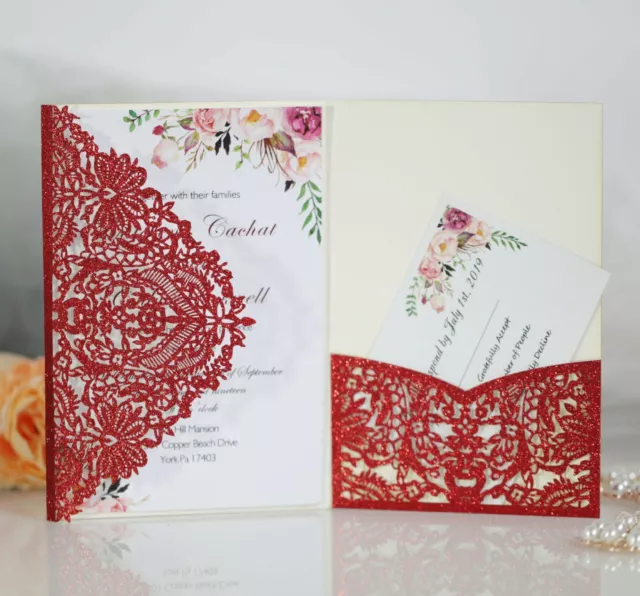 50pcs Luxury Glitter Lace Pocketfold Laser Cut Wedding Invitations Cards Sets