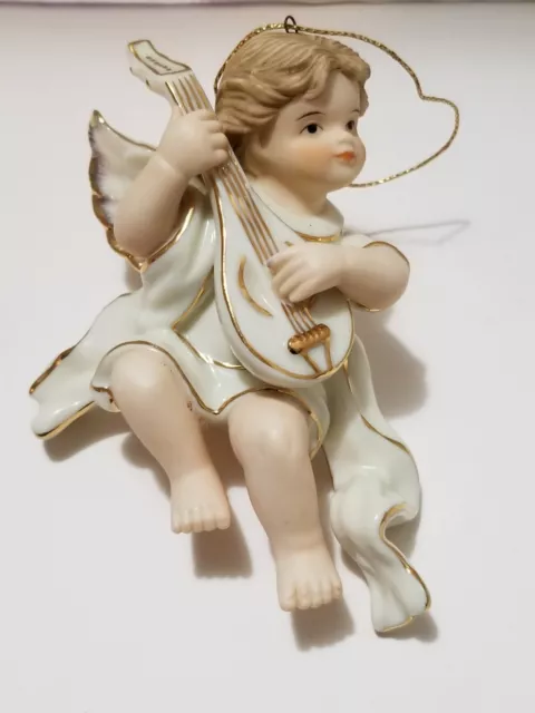 Porcelain Cherub Angel Gold Accents Playing Violin Tree Ornament Christmas