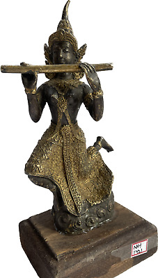 Antigüedad Original Religioso Dios Krishna Playing Flauta Estatua Coleccionable