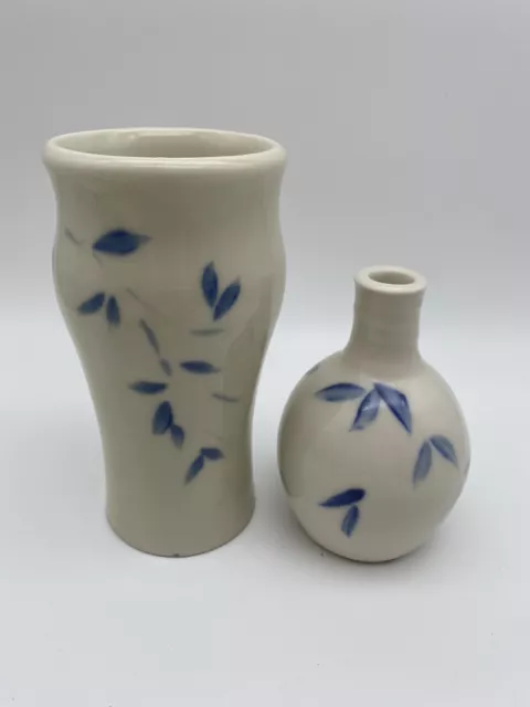Studio Pottery Art Vase Set Signed Cream And Blue