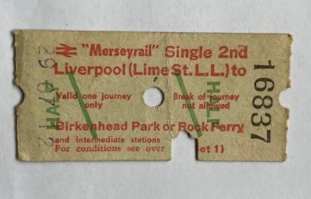 Merseyrail ticket Liverpool [Lime Street] to Birkenhead Park/ Rock Ferry  1970's