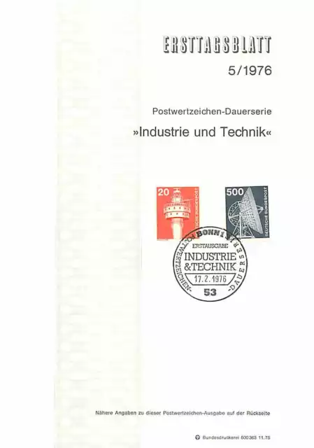 Ersttagsblatt 1976 - Industrie und Technik Dauermarken Erstausgabe