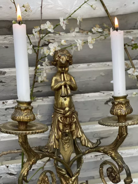 Pair Vintage French Brass Candle Wall Sconces Cherub Wall Sconce Spares Repairs