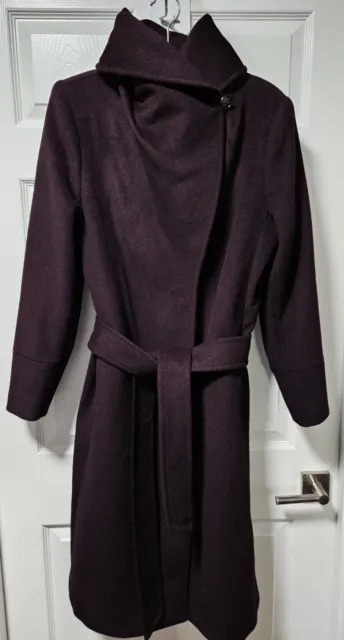 Cole Haan Womens Black Cherry Asymmetrical Shawl Collar Wool Blend Coat Size 14