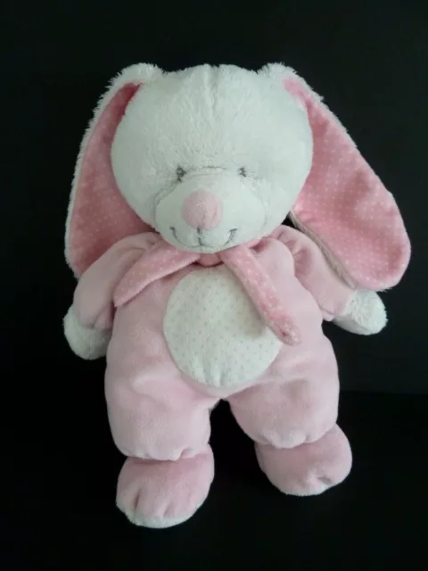 R7- DOUDOU PELUCHE TEX BABY LAPIN ROSE BLANC ECHARPE PYJAMA POIS ETOILE 26cm TBE
