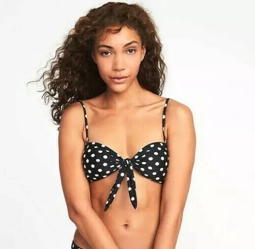 Old Navy Bikini Top S Front Knot Tie  Black White polka Dot NWT Small