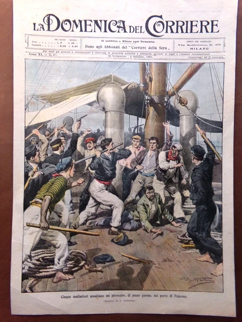 Copertina Domenica Corriere nr. 39 del 1909 Malfattori Piroscafo Porto Palermo
