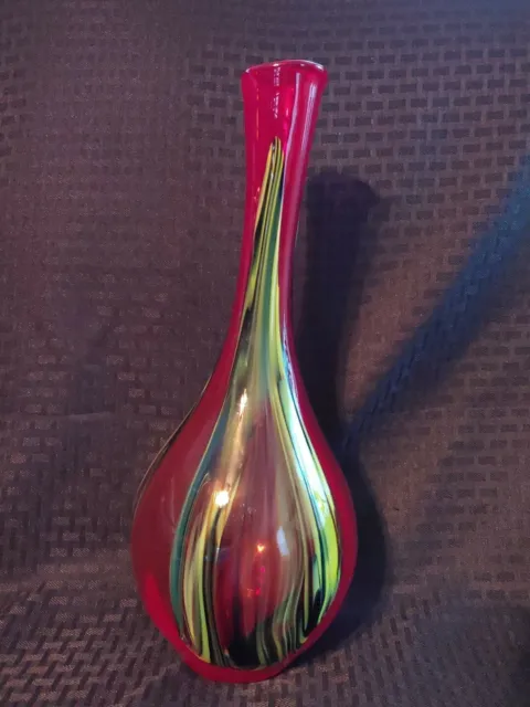 Hand Blown Red Glass Vase with Swirls of Green Yellow and Blue - 14 12" H Pier1