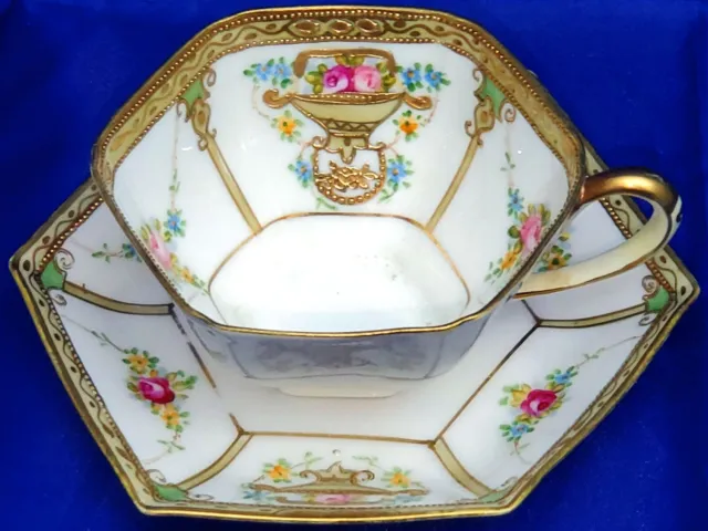 c1908 ART NOUVEAU NORITAKE HAND PAINTED SIX SIDED RAISED GOLD/ROSES CUP & SAUCER