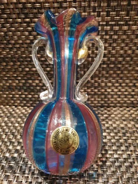 Murano Bucella Cristalli vase Glass Pink Blue / Rose-Gold Italian New with label
