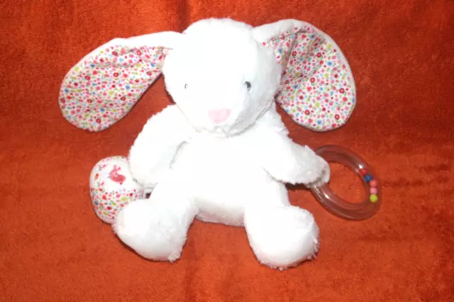 Pommette Doudou Peluche Lapin Blanc Fleurs Ballon Anneau Etat Neuf