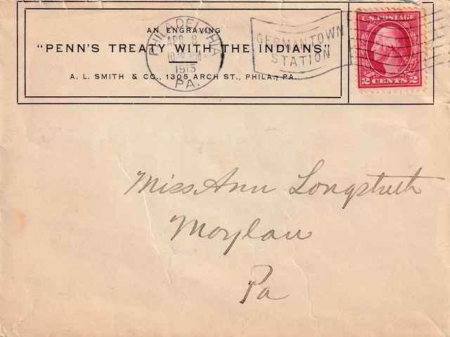 US PHILADELPHIA PA Flag Cancel 2c Washington PENNS TREATY WITH THE INDIANS 1915