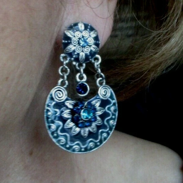 Boucles D'Oreilles Clips Cygne Argenté Avec Fleur | Bijou Vintage Superbe | Occasion Parfait État