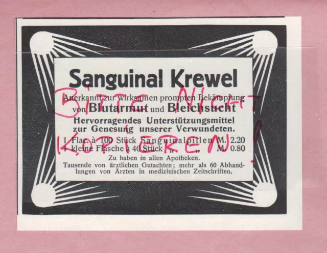 KÖLN, Werbung 1914, Sanguinal Krewel Pillen gegen Blut-Armut und Bleichsucht