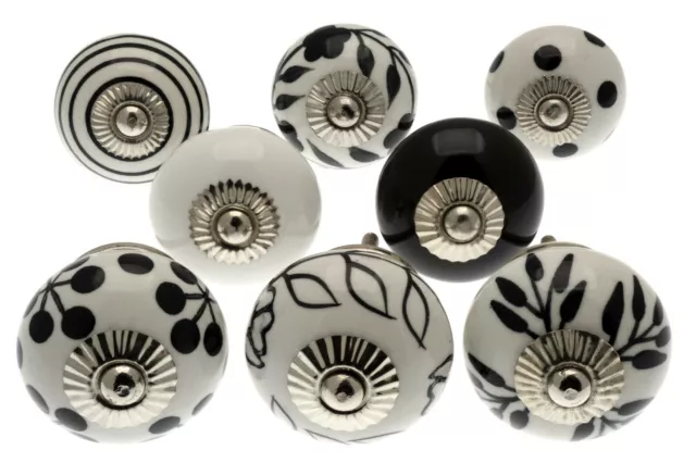 Set of 8 Black White Silver Ceramic Knobs Vintage Antique Cupboard Door Handles