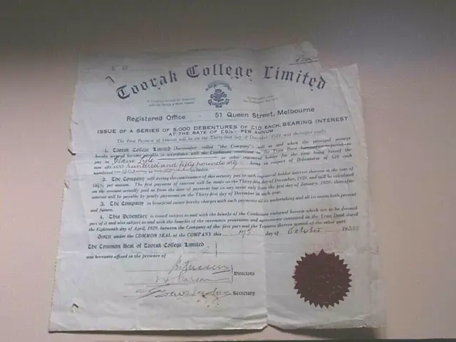 Share Scrip. 1929 Toorak College Ltd - £ 10 Debenture.. (For £ 250) Melbourne