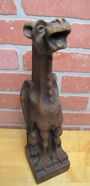 Old Wooden Carved Gargoyle Griffin Winged Monster Beast Figural Sculpture Statue