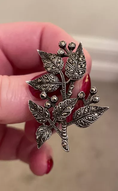 Lovely Vintage 925 Sterling Silver & Marcasite Floral Brooch Pin 3