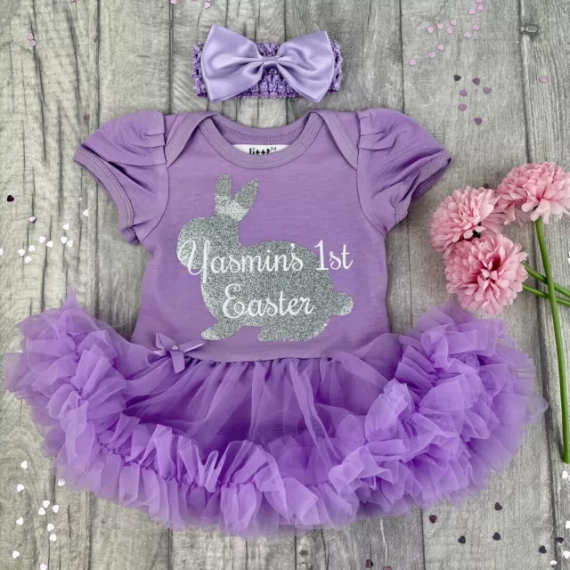 BAMBINA 1A PASQUALE TUTU ROMPER argento coniglio pasquale nome personalizzato