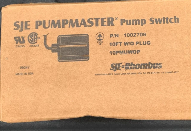 Interruptor flotante de bomba SJE PUMPMASTER P/N 1002713 - NUEVO EN CAJA
