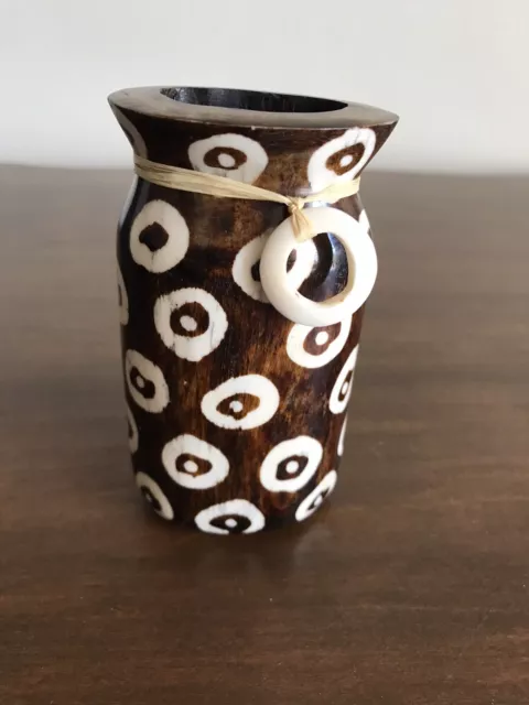 Hand Carved Kenya Soapstone Vase Hand Painted West African brown & white Tribal