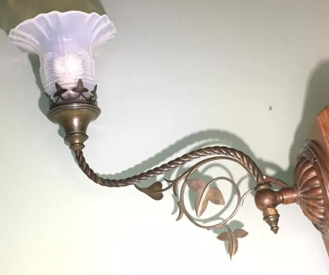 Antique GAS Wall Light Sconce Lamp/ Brass/  Opalescent Glass Shade Electrified