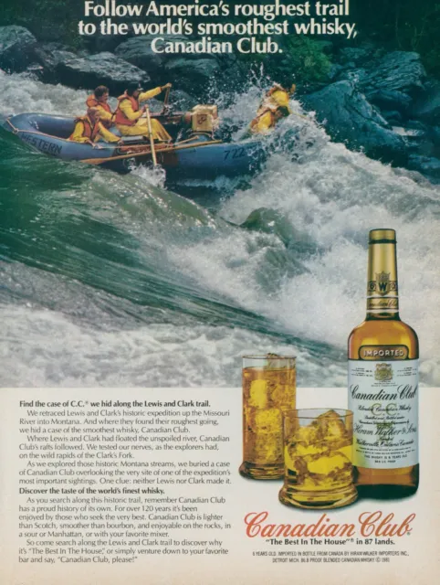 1981 Canadian Club Whisky White Water Rafting Lewis Clark Trail Vtg Print Ad SI5