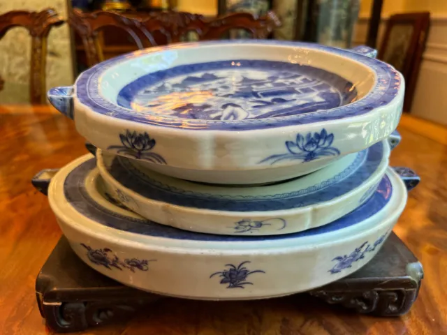 A Group of Three Large Chinese Qing Dynasty Blue and White Porcelain Warmers
