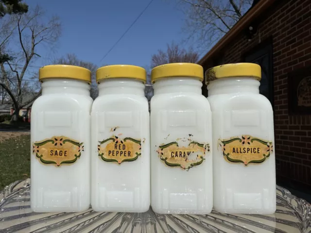 VTG 12 pc Milk Glass Spice Jars~Art Deco Griffith’s Set w/ Yellow Lids~ 3