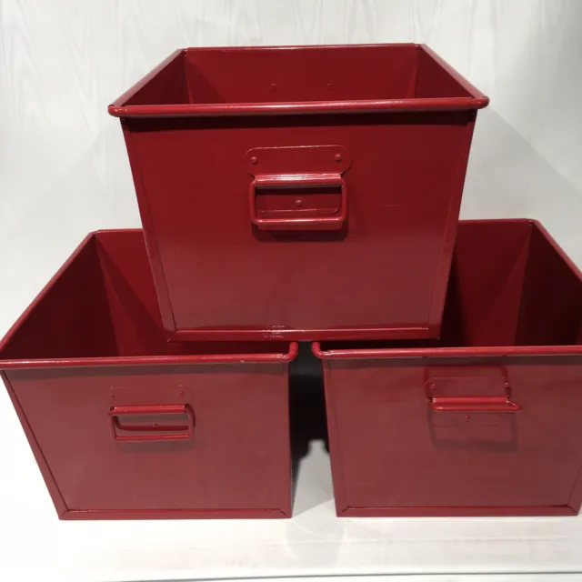 THREE (3)  Pottery Barn Kids Metal Storage Bin Containers Red 11" Square