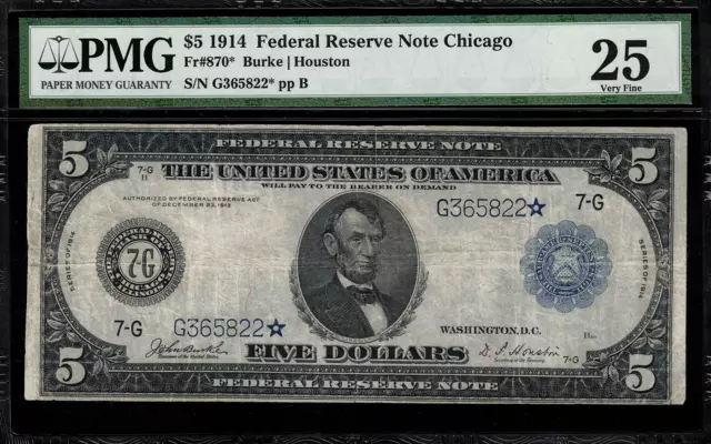 1914 $5 Federal Reserve Note Chicago FR-870* - "STAR NOTE" - PMG 25 Comment