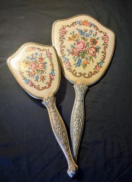Vintage Victorian Beveled Mirror & Brush Vanity Set Etched Brass Handles