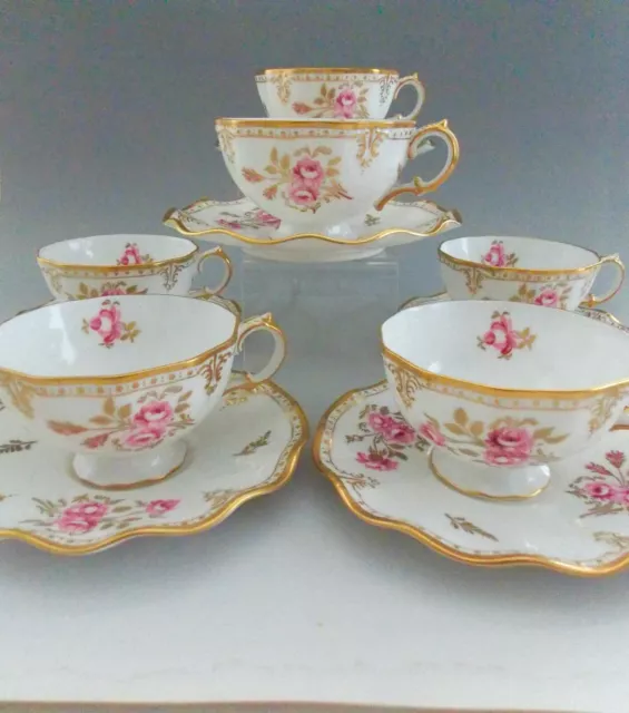 Royal Crown Derby, "Royal Pinxton Roses" Cups/Saucers (6) Pink With Gold Trim