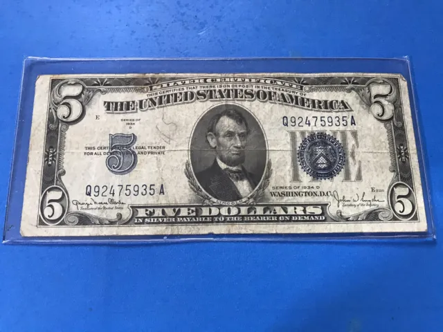 1934 D Blue Seal $5 Five Dollar Silver Certificate  .....Loc. #5c
