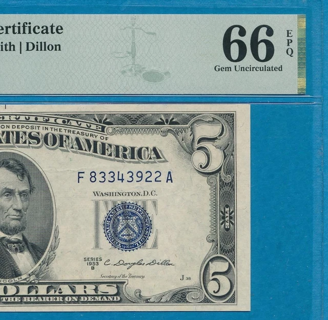 $5.00 1953-B  Blue Seal Silver Certificate Pcgs Gem New 66Ppq