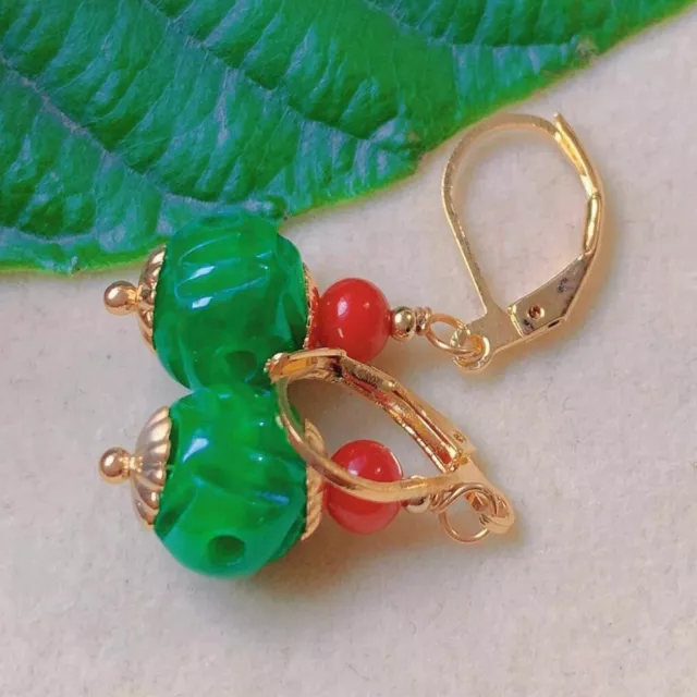 Natural Pumpkin shape Jadeite South red beads gold Earring Unisex Formal