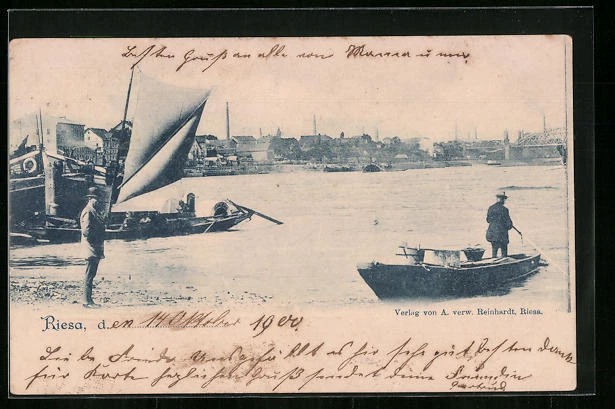 AK Riesa, Blick vom Ufer auf die Stadt 1900