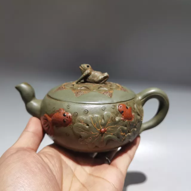 China Yixing Zisha Pottery Green Mud Clay 360CC Hand Made Frog Lotus Leaf Teapot