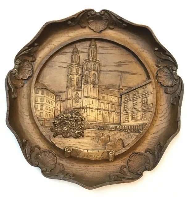 Zurich Switzerland Plaque Vintage City Towers Hand Carved Wooden Wall Plate 9in