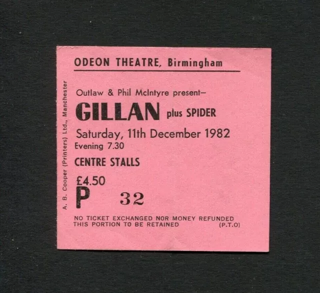 1982 Ian Gillan & Spider Concert Ticket Stub Birmingham UK England Magic Tour