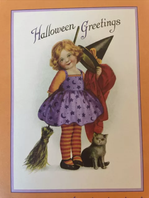 Vtg Unused Halloween Card Hallmark Black Cat Witch Girl Hat Broomstick With Env