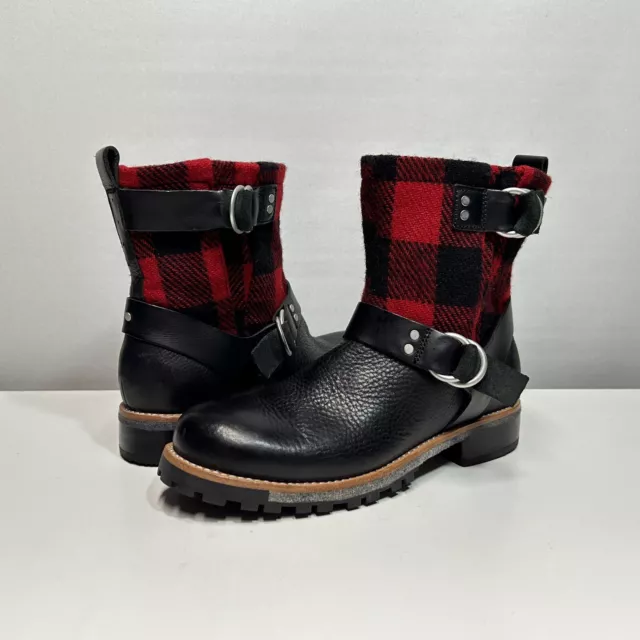 NEW Woolrich Red Balt Buffalo Plaid Moto Boots Women’s 8 Black Leather Mid Calf