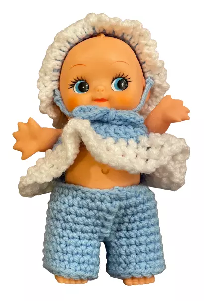 Vintage Jointed Rubber Kewpie Doll In Crocheted Blue Outfit w/Hat 8" Tall