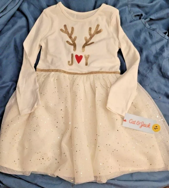 Car and Jack 5T Christmas Tutu dress Joy Reindeer antlers Sparkles Cream Gold