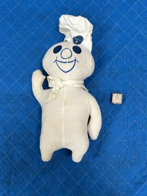 Vintage Pillsbury dough boy doll and employee tie tack bar with chain