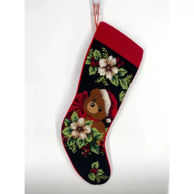 Vintage Needlepoint Christmas Stocking Teddy Bear Poinsettias Red Velvet Backing