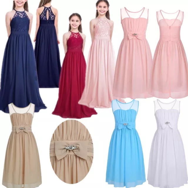 Kids Girls Halter Lace Chiffon Flower Dress Wedding Bridesmaid Formal Party Gown