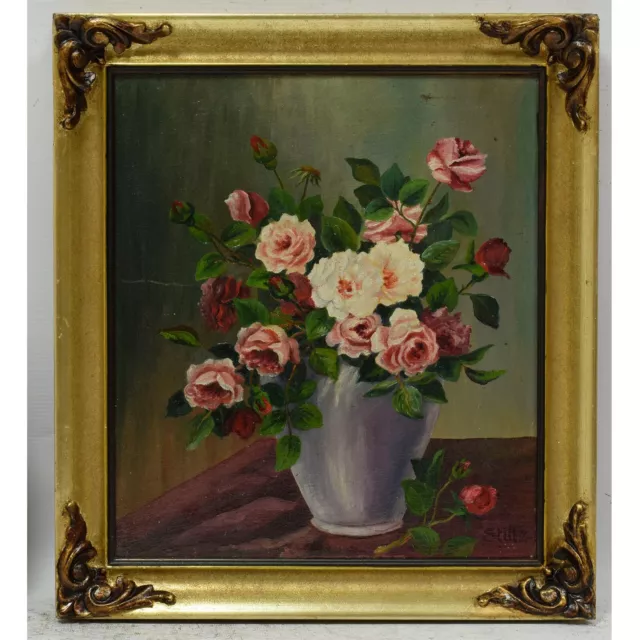 Circa 1900-1950 Antico dipinto ad olio Natura morta con bouquet di fiori 48x43cm
