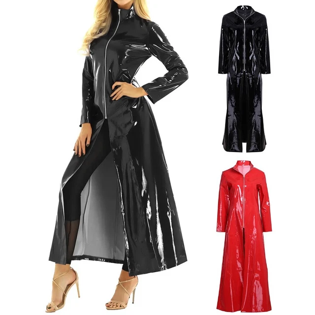 ROBE LONGUE ROBE costume de nuit pour femmes Wetlook PVC cuir col roulé ...